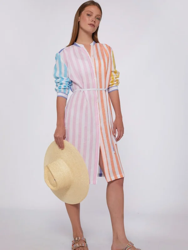 Dresses*Vilagallo Dress Rebecca Emb Pure Linen Stripe Navy