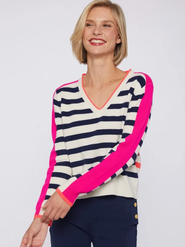 Knitwear*Vilagallo Knitwear Sweater Cb V-Neck Stripes Navy&Orange&Pink