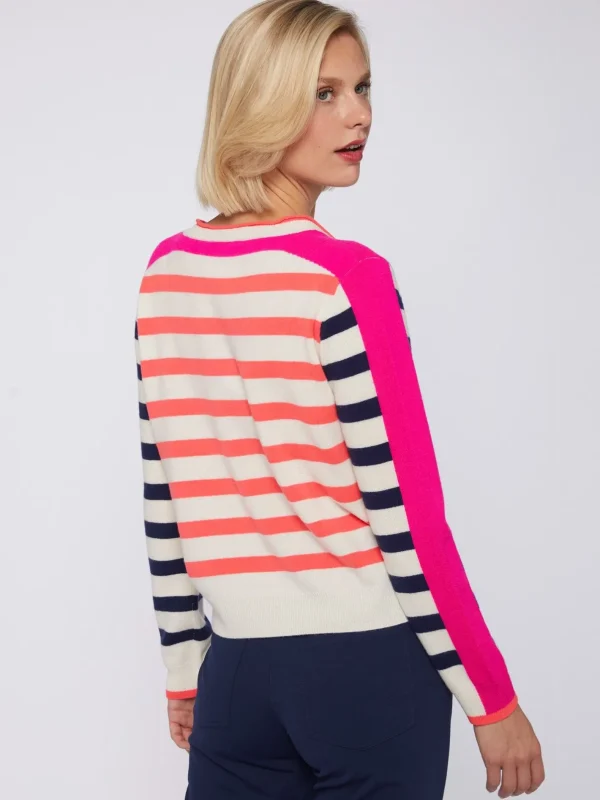 Knitwear*Vilagallo Knitwear Sweater Cb V-Neck Stripes Navy&Orange&Pink