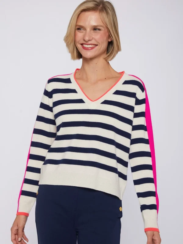 Knitwear*Vilagallo Knitwear Sweater Cb V-Neck Stripes Navy&Orange&Pink