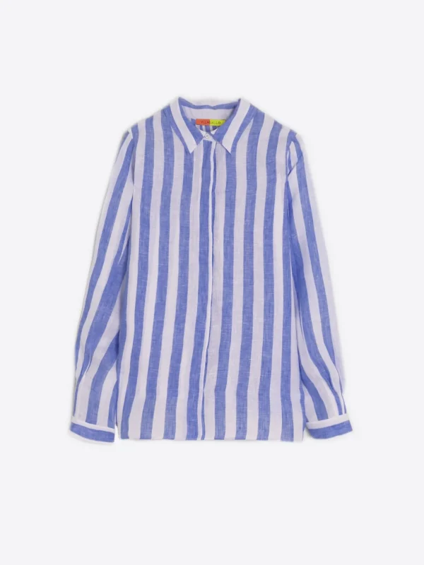 Shirts*Vilagallo Shirt Ginger Pure Linen Stripe Navy