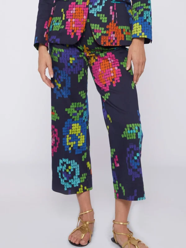 Trousers*Vilagallo Trouser Dorin Flower Cross Stitch Navy Print