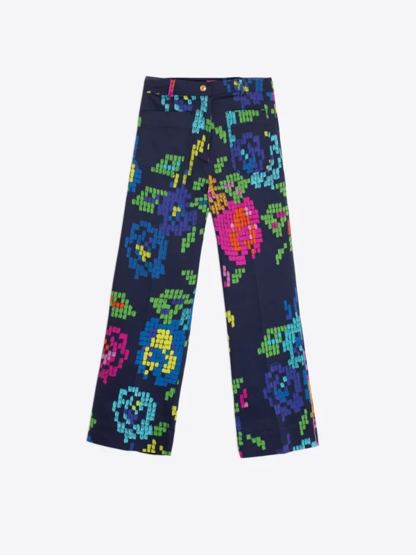 Trousers*Vilagallo Trouser Dorin Flower Cross Stitch Navy Print