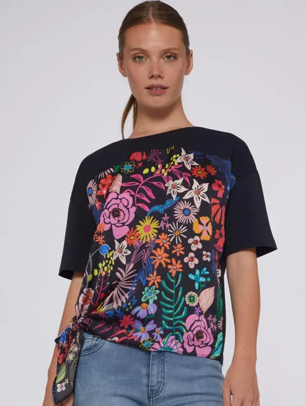 T-Shirts*Vilagallo T-Shirt Victoria Navy Hand Painted Flowers